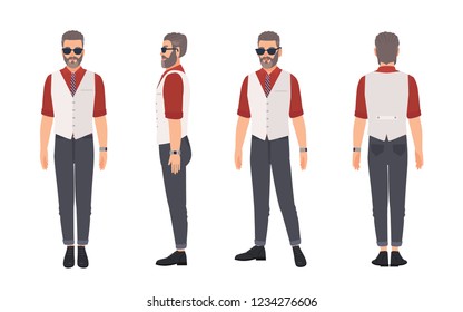 Cool grey haired bearded man wearing sunglasses. Cute male cartoon character isolated on white background. Front, side and back views. Colored vector illustration in flat style.