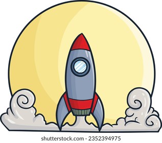 Cool grey red rocket launch cartoon illustration