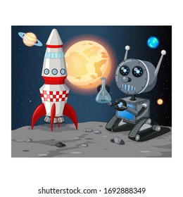 Cool Grey Robot With Rocket Airplane Shuttle in Moon Surface Doing Experiment Cartoon