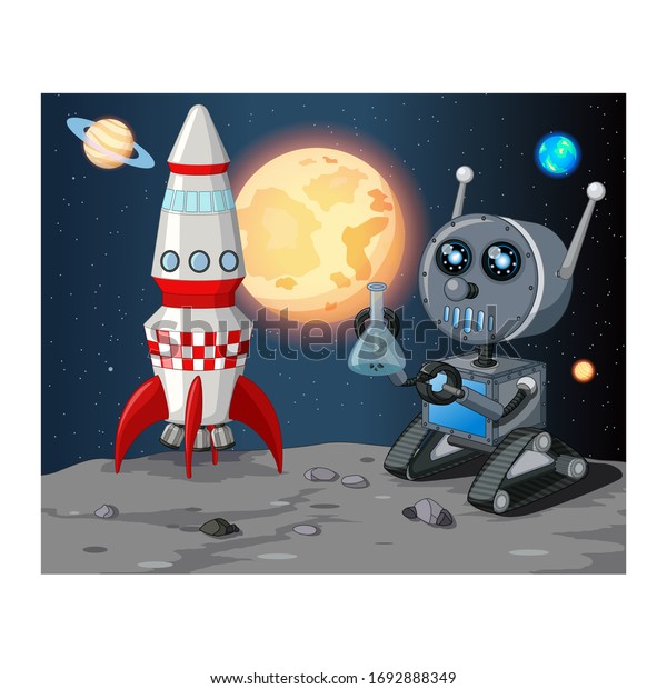 Cool Grey Robot With Rocket Airplane\
Shuttle in Moon Surface Doing Experiment\
Cartoon