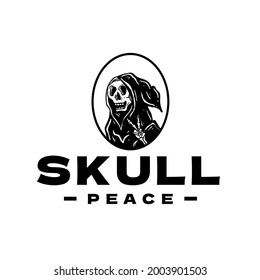 Cool Grim Reaper Skull Bone With Peace Hand Logo Vector Illustration Template Icon Design