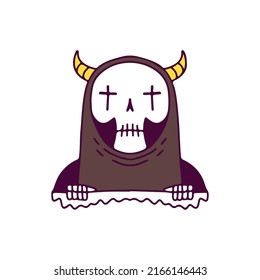 Cool grim reaper skull peeking through ripped paper, illustration for t-shirt, sticker, or apparel merchandise. With doodle, retro, and cartoon style.