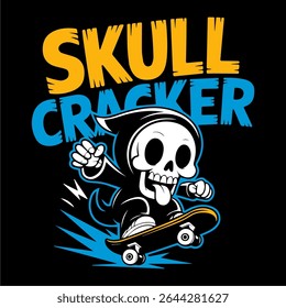 Cool grim reaper-style skeleton skating in grunge comic style. Unique art for apparel, poster designs, or graphic projects.