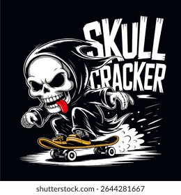 Cool grim reaper-style skeleton skating in grunge comic style. Unique art for apparel, poster designs, or graphic projects.