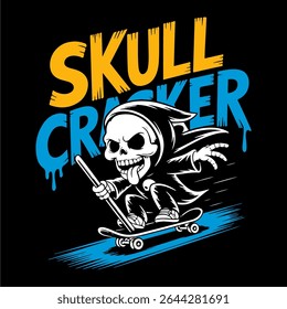 Cool grim reaper-style skeleton skating in grunge comic style. Unique art for apparel, poster designs, or graphic projects.
