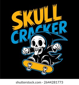 Cool grim reaper-style skeleton skating in grunge comic style. Unique art for apparel, poster designs, or graphic projects.