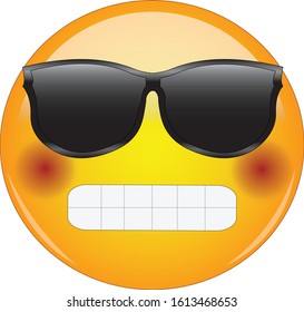 Cool grinning and blushing emoji. Awesome looking yellow face emoticon wearing shades with broad grin and flushed cheeks. Expression of happiness, love or infatuation or being shy or embarrassed.