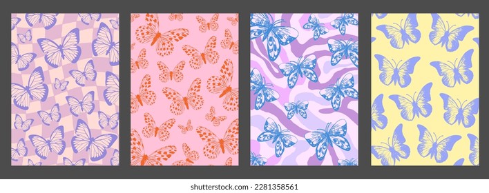 Cool Groovy Butterfly Pattern Posters Collection. Set of Y2K Wavy Textures. Trendy Abstract Geometric 90s Backgrounds. Funky Retro Vintage Backdrops.