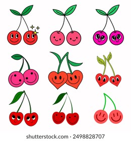 Cool Groovy Cherry Funny Comic Face Cartoon Character Design. Happy Smile Berry Sticker. Pop Art Illustration Vector Design.