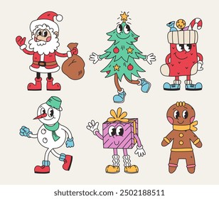 Cool Groovy Christmas. Groovy Santa Claus, Christmas tree, snowman, gift, gingerbread, gift sock in trendy retro cartoon style. Vector character sticker set