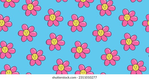 Cool groovy floral seamless pattern in y2k style. Trendy smiling chamomiles flower background. Doodle style vector illustration.
