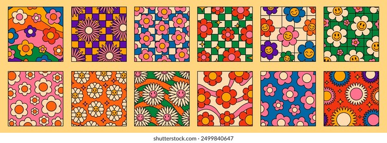 Cool Groovy Flower Patterns Set. Psychedelic Daisy Smile Emoji Background. Pop Art Retro Vector Illustration. Y2k Background.