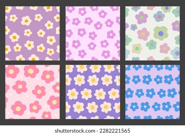 Cool Groovy Flower Seamless Pattern Set. Vector Floral Repeat Texture. Y2k Background.
