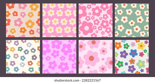 Cool Groovy Flower Seamless Muster Set. Vektorflorale Wiederholung Textur. Y2k-Hintergrund.