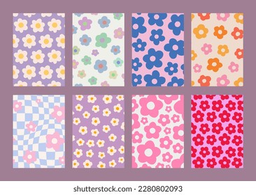 Cool Groovy Flowers Pattern Posters Collection. Set of Y2K Textures. Trendy Abstract Backgrounds. Funky Blossom Backdrops Vector Design.