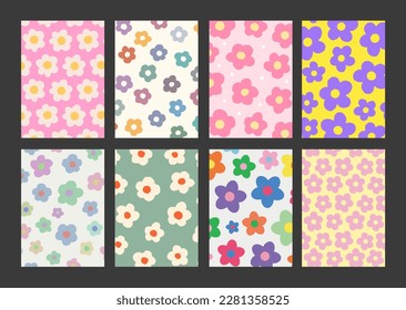 Cool Groovy Flowers Pattern Posters Collection. Set of Y2K Textures. Trendy Abstract Backgrounds. Funky Blossom Backdrops Vector Design.