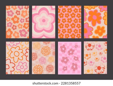 Cool Groovy Flowers Pattern Posters Collection. Set of Y2K Textures. Trendy Abstract Backgrounds. Funky Blossom Backdrops Vector Design.
