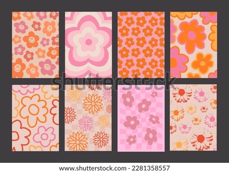 Cool Groovy Flowers Pattern Posters Collection. Set of Y2K Textures. Trendy Abstract Backgrounds. Funky Blossom Backdrops Vector Design.