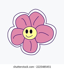 Cool groovy girly retro sticker with retro flower. Geek hipster vaporwave stickers. Flat Vector illustration of y2k , 90s graphic design badge on white background