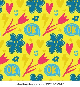 Cool groovy hand drawn seamless pattern with different funky elements stickers. Hand drawn funny hearts, speech bubble, flowers, stars. Trendy modern y2k yellow retro wallpaper
