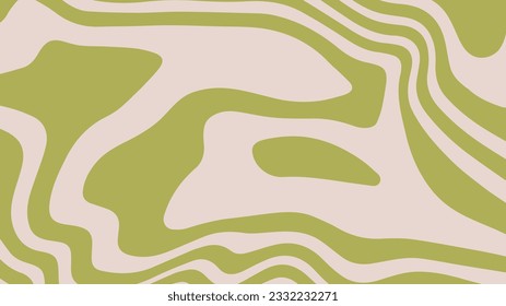 Cool groovy liquid abstract background. Trendy trippy wavy texture. Funky retro wallpaper. Simple vector design in pale green and beige color. Aesthetic horizontal backdrop in 60s-70s style.