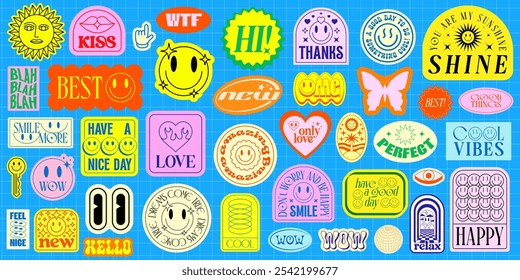 Cool Groovy Patches Vector Set. Collection Of Y2k Stickers Pop Art Design.