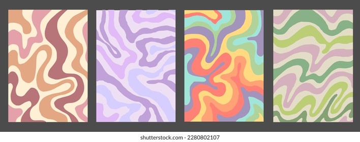 Cool Groovy Pattern Posters Collection. Set of Y2K Wavy Textures. Trendy Abstract Geometric 90s Backgrounds. Funky Retro Vintage Backdrops.