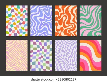 Cool Groovy Pattern Posters Collection. Set of Y2K Textures. Trendy Abstract Geometric 90s Backgrounds. Funky Retro Vintage Backdrops.