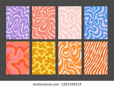 Cool Groovy Pattern Posters Collection. Set of Y2K Wavy Textures. Trendy Abstract Geometric 90s Backgrounds. Funky Retro Vintage Backdrops.