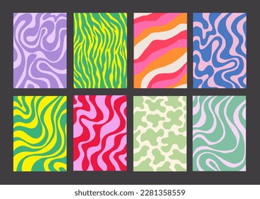 Cool Groovy Pattern Posters Collection. Set of Y2K Wavy Textures. Trendy Abstract Geometric 90s Backgrounds. Funky Retro Vintage Backdrops.