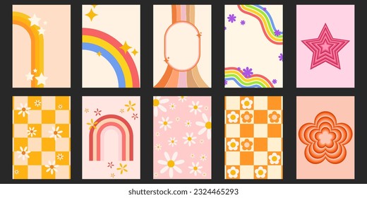 Cool Groovy Pattern Posters Collection. Set of Y2K Textures. Trendy Abstract Backgrounds. Funky Blossom Backdrops Vector Design.