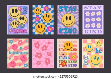 Cool Groovy Pattern Vector Design. Trendy Funky Stay Kind Posters. Pop Art Smile and Flowers Illustrations.