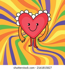 Cool groovy retro hippie vibes poster with psychedelic dude in heart shape. Groovy psychedelic vector poster retro 70s