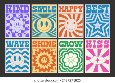 Cool Groovy Retro Posters Set. Vintage Pop Art Placards With Smile Emoji.