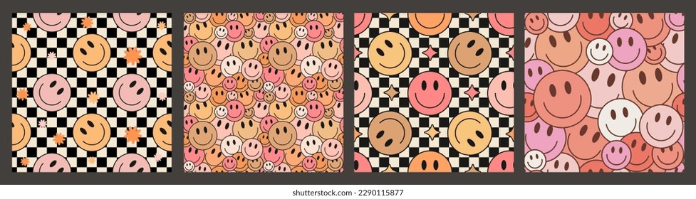 Cool Groovy Seamless Pattern Set. Cool Retro Vintage Smile Textures. Trendy Y2K Repeat Background.