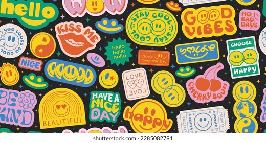 Cool Groovy Seamless Pattern Stickers Collage. Trendy Retro 90s Style Patches Funny Cartoon Smile Faces. Y2k background Vector Design.