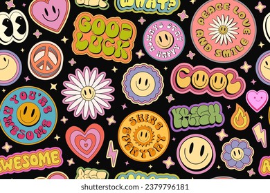 Cool Groovy Seamless Pattern Vector Design. Trendy Comic Smile Emoji Pop Art Background. Y2k Illustration for Print.