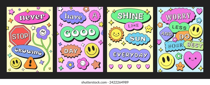 Cool Groovy Smile Pop Art Posters Collection. Set Of Trendy Y2k Patterns. Funky Retro Placards.