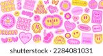 Cool Groovy Stickers Background. Y2k Patches Collage. Pop Art Girly Pink Illustration Vector Design. Funky Pattern.