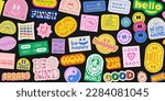 Cool Groovy Stickers Background. Y2k Patches Collage. Pop Art Illustration Vector Design. Funky Pattern.