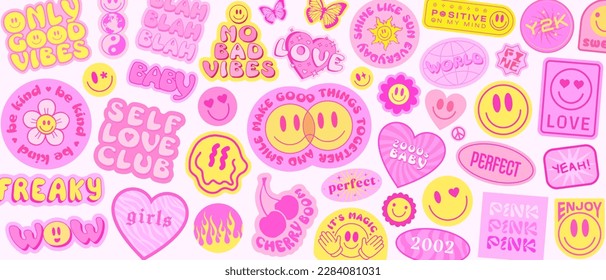 Cool Groovy Stickers Background. Y2k Patches Collage. Pop Art Girly Pink Illustration Vector Design. Funky Pattern.