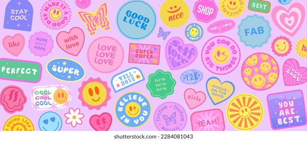 Cool Groovy Stickers Background. Y2k Patches Collage. Pop Art Illustration Vector Design. Funky Pattern.