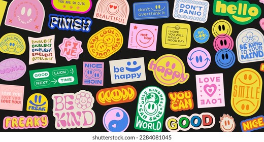 Cool Groovy Stickers Background. Y2k Patches Collage. Pop Art Illustration Vector Design. Funky Pattern.