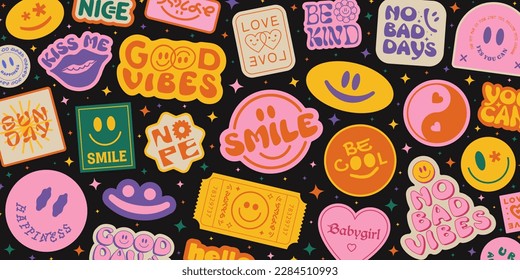 Cool Groovy Stickers Background. Y2k Patches Collage. Pop Art Illustration Vector Design. Funky Pattern.