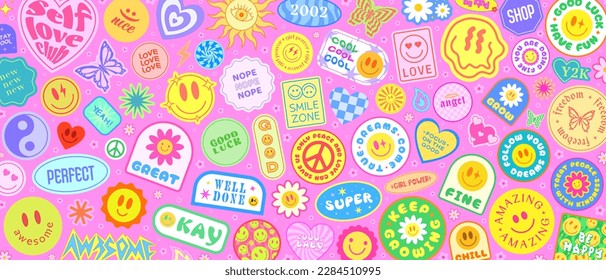 Cool Groovy Stickers Background. Y2k Patches Collage. Pop Art Illustration Vector Design. Funky Pattern.