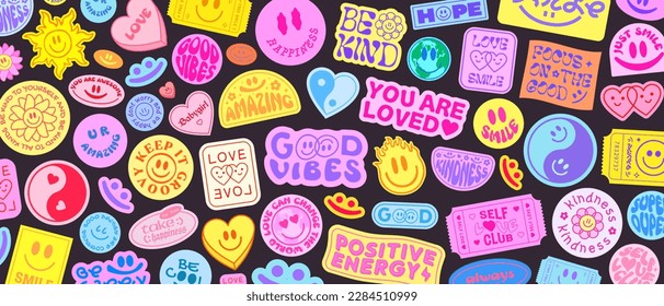 Cool Groovy Stickers Hintergrund. Y2k Patches Collage. Pop Art Illustration Vectordesign. Funky Muster.