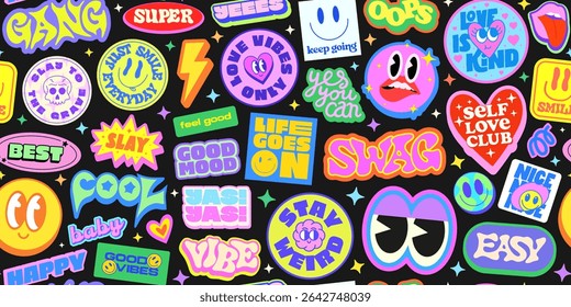 Cool Groovy Stickers Collage Seamless Pattern. Y2k Pop Art Funny Background With Cute Patches. Funky Retro Illustration Comic Characters.