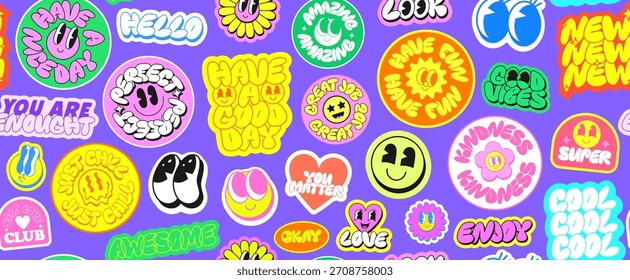 Cool Groovy Stickers Collage Vector Design. Trendy Y2k Patches Pattern Background. Set Of Funny Funky Retro Pop Art Badges.