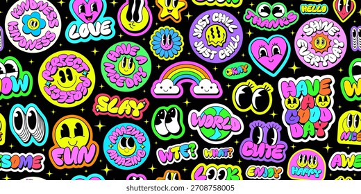 Diseño de Vector de collage de pegatinas groovy fresco. Fondo de patrón de parches Y2k de moda. Conjunto de divertidas insignias de arte Pop retro divertido.