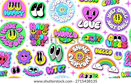 Cool Groovy Stickers Collage Vector Design. Trendy Y2k Patches Pattern Background. Set Of Funny Funky Retro Pop Art Badges.